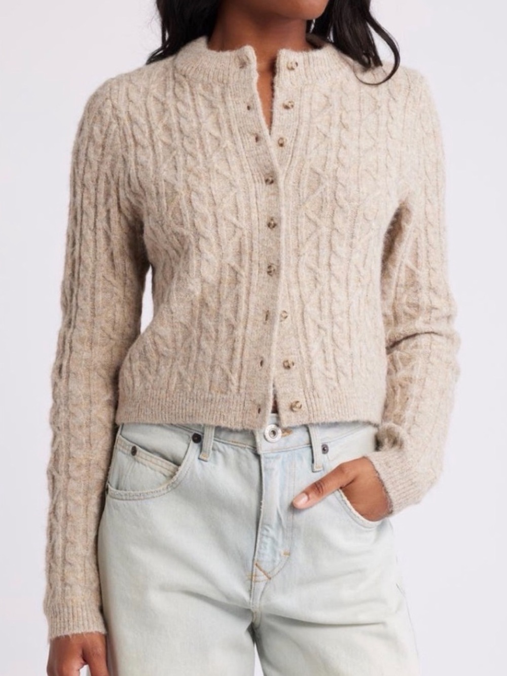 Topshop Beige Cable-Knit Cropped Cardigan